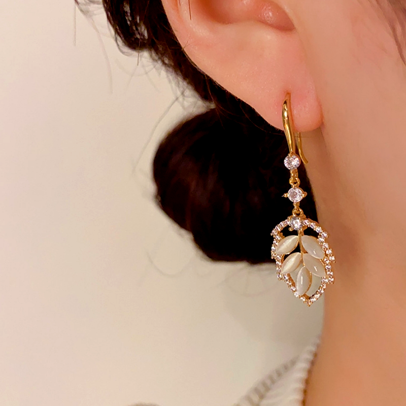 14K Gold-Plated Zircon Cat's Eye Leaf Ear Hook Earrings
