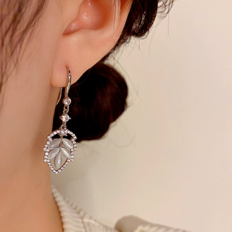 14K Gold-Plated Zircon Cat's Eye Leaf Ear Hook Earrings