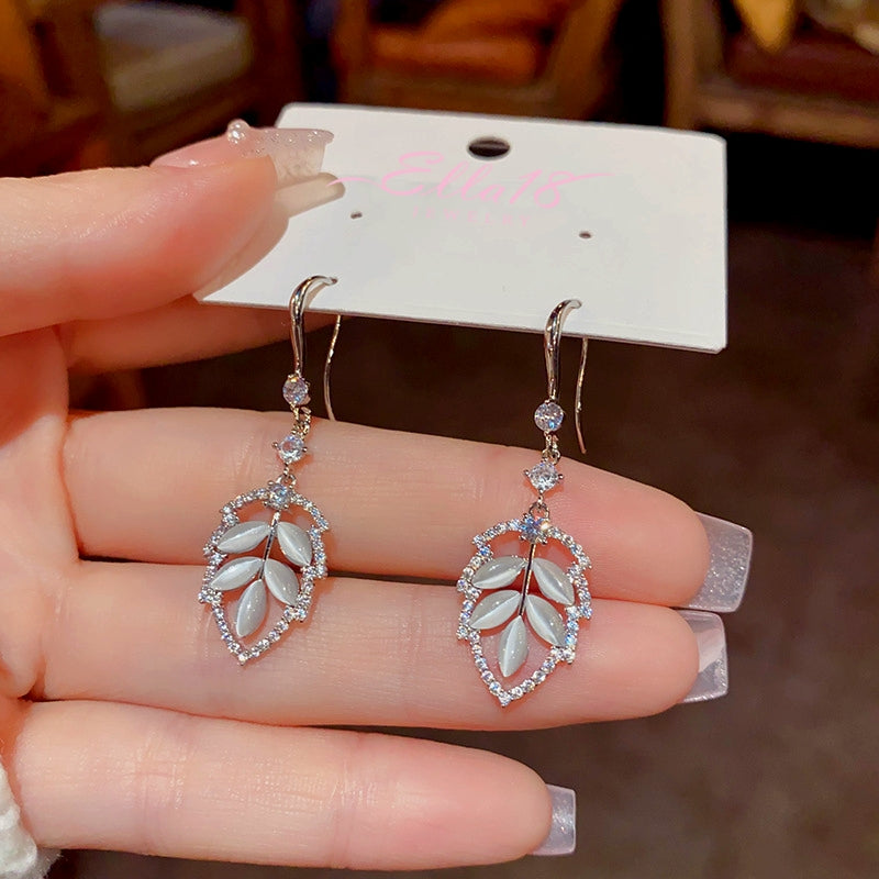 14K Gold-Plated Zircon Cat's Eye Leaf Ear Hook Earrings