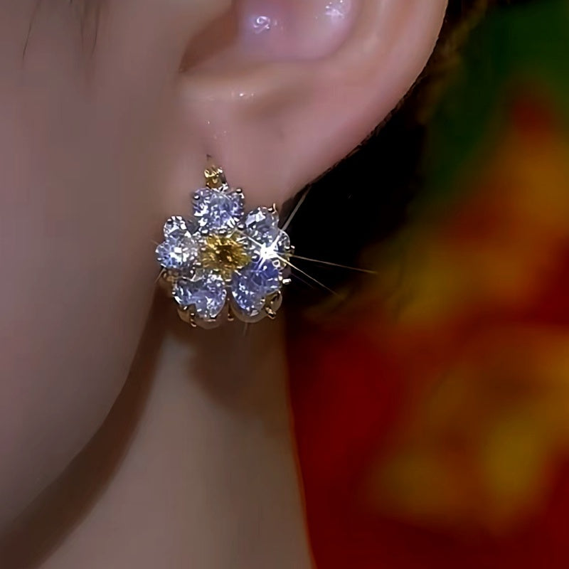 14K Gold-Plated Zircon Cat's Eye Stone Flower Earrings