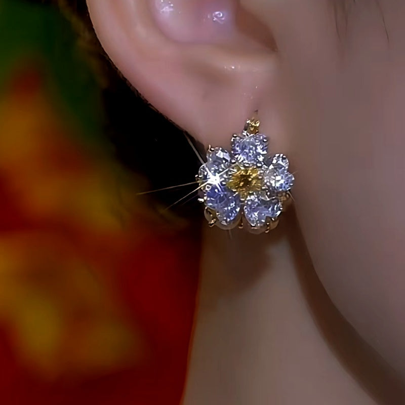 14K Gold-Plated Zircon Cat's Eye Stone Flower Earrings
