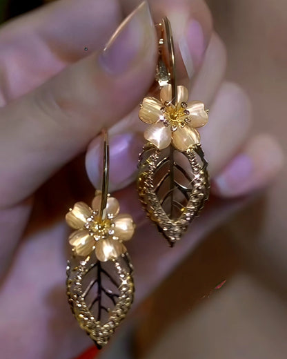 14K Gold-Plated Zircon Cat's Eye Stone Flower Earrings