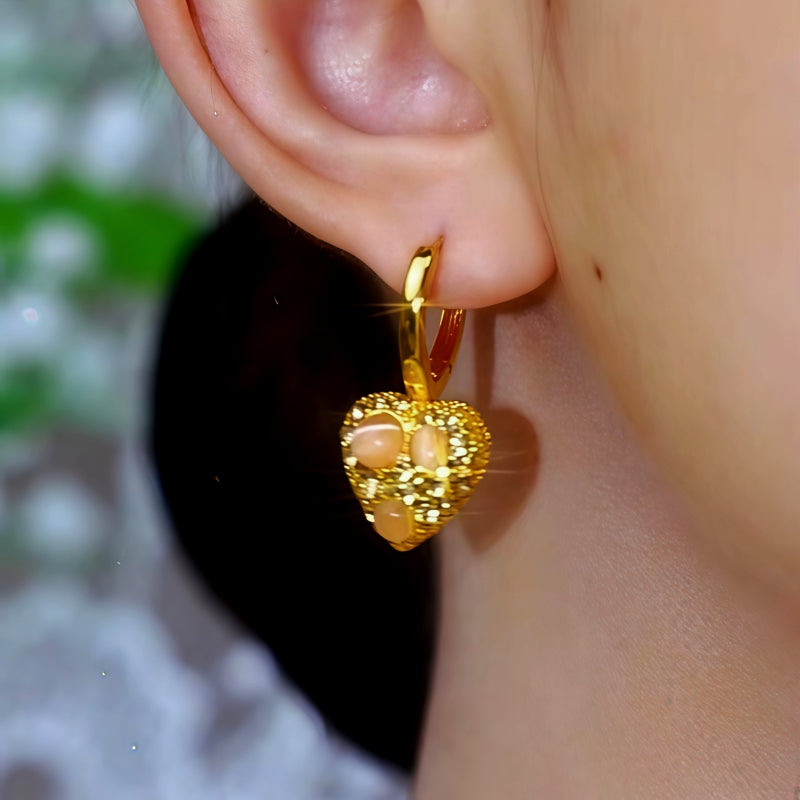 14K Gold-Plated Zircon Cat's Eye Stone Heart Earrings