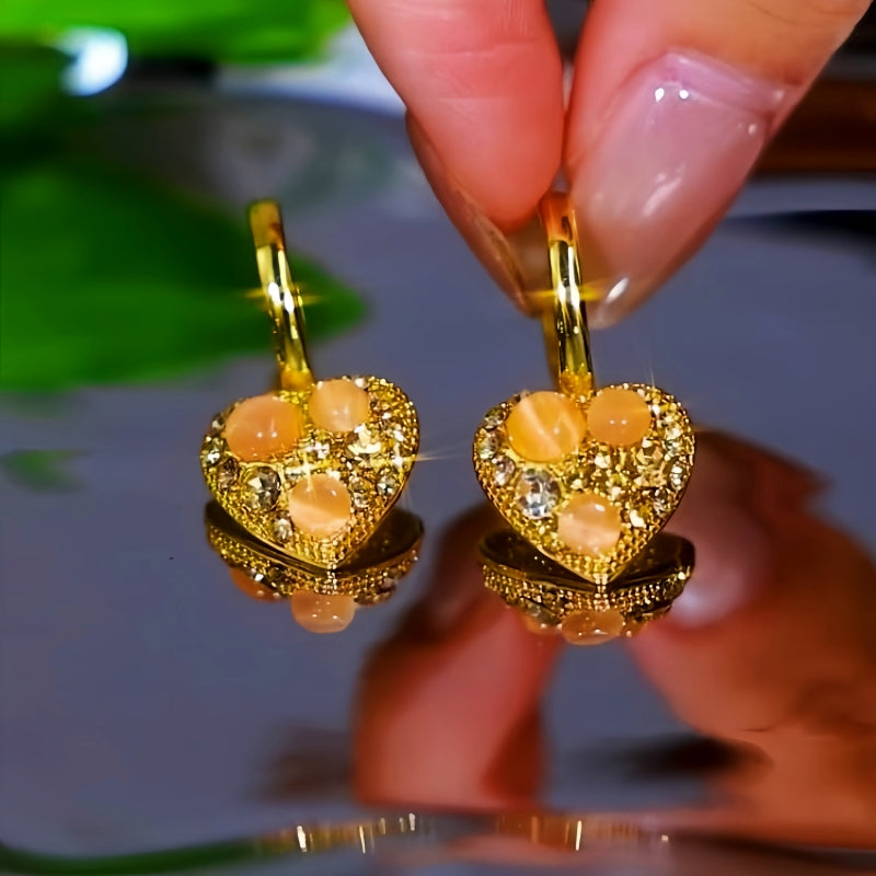 14K Gold-Plated Zircon Cat's Eye Stone Heart Earrings