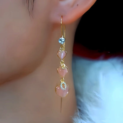 14K Gold-Plated Zircon Cat's Eye Stone Heart Threader Earrings