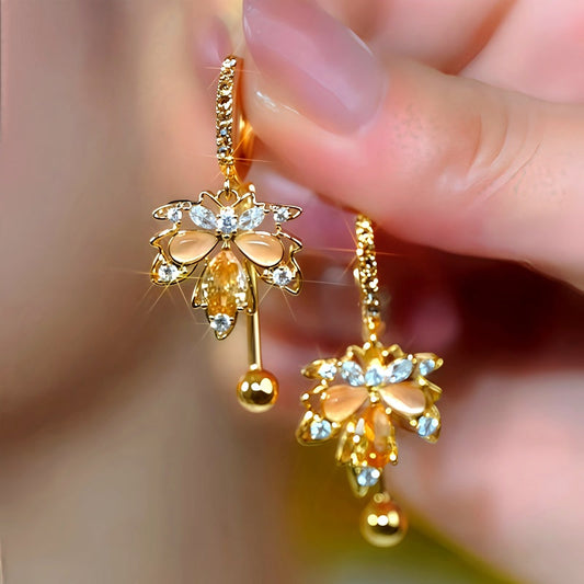14K Gold-Plated Zircon Cat's Eye Stone Maple Leaf Earrings