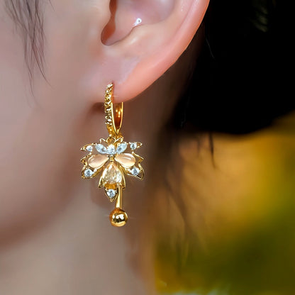 14K Gold-Plated Zircon Cat's Eye Stone Maple Leaf Earrings