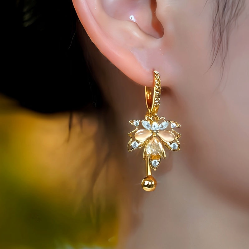 14K Gold-Plated Zircon Cat's Eye Stone Maple Leaf Earrings