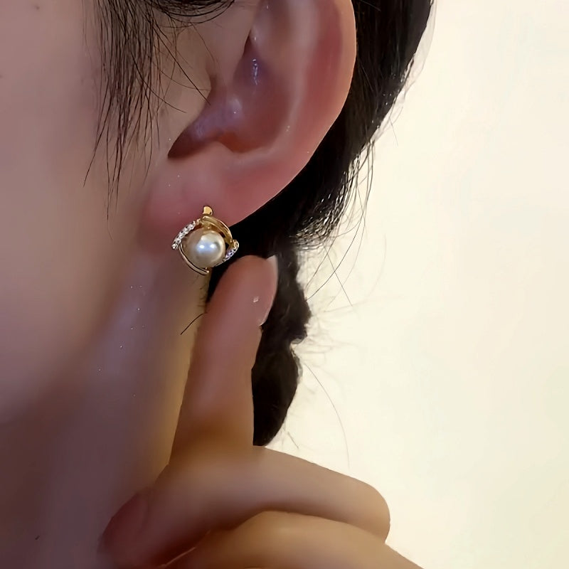 14K Gold-Plated Zircon Champagne Pearl Earrings