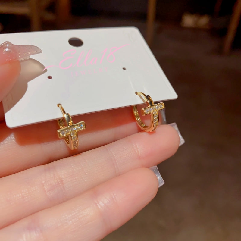 14K Gold-Plated Zircon Cross Hoop Earrings