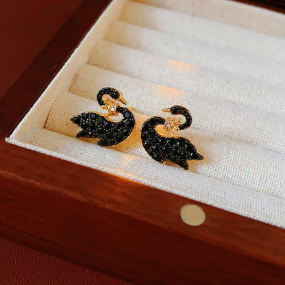 14K Gold-Plated Zircon Crown Black Swan Earring And Necklace Set