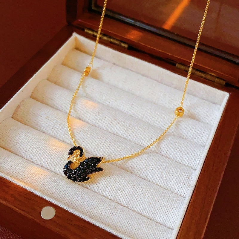 14K Gold-Plated Zircon Crown Black Swan Earring And Necklace Set