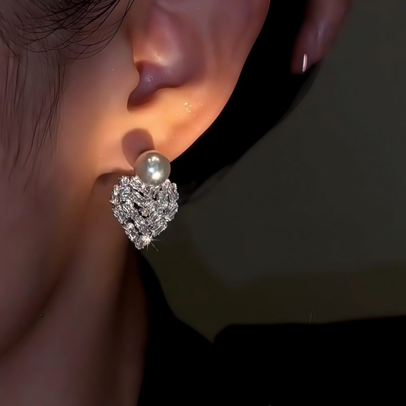14K Gold-Plated Zircon Crystal Heart Gray Pearl Earrings