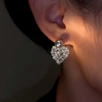 14K Gold-Plated Zircon Crystal Heart Gray Pearl Earrings