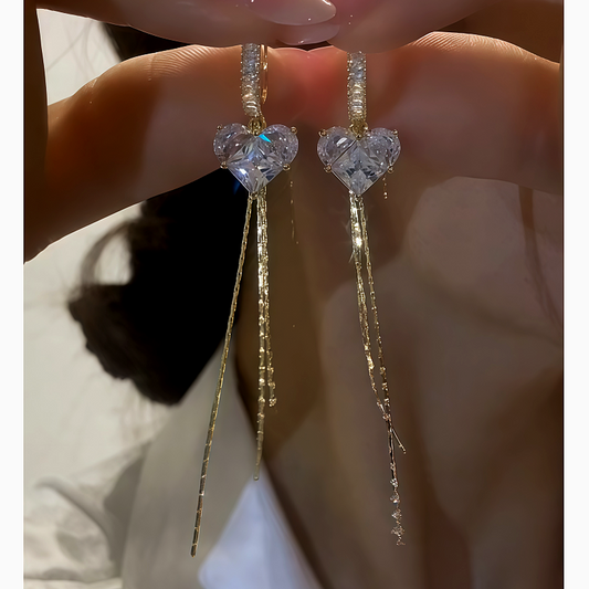 14K Gold-Plated Zircon Crystal Heart Tassel Earrings