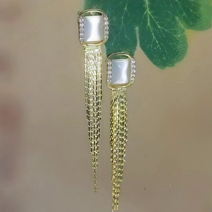 14K Gold-Plated Zircon Diamond Cat's Eye Stone Tassel Earrings