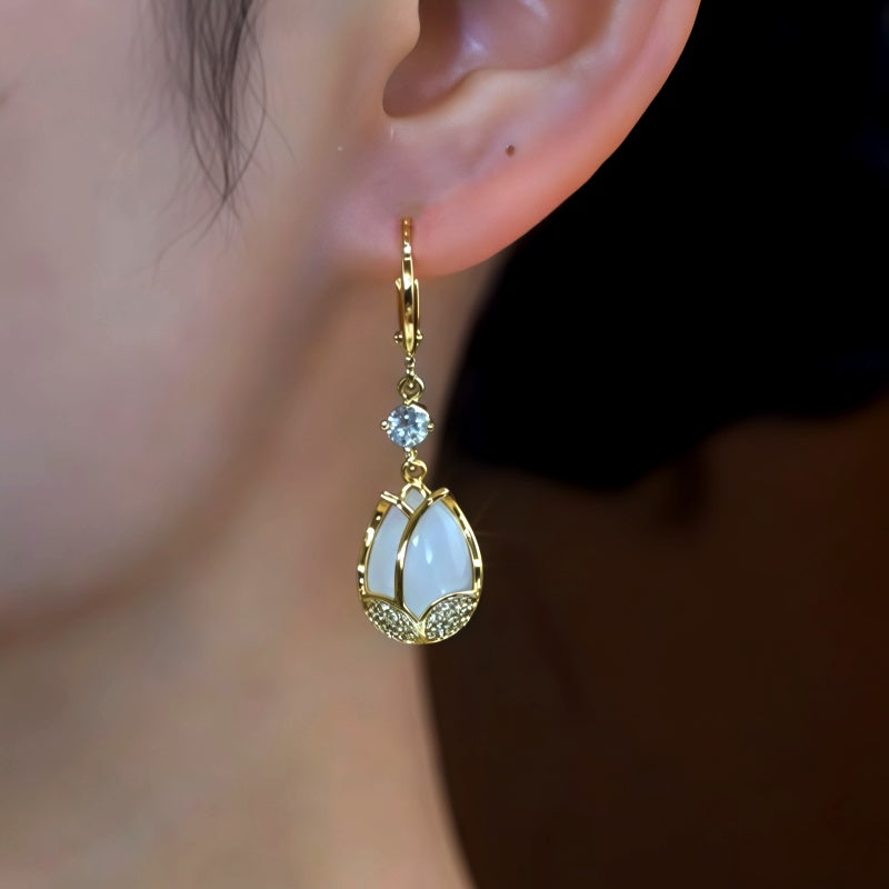 14K Gold-Plated Zircon Diamond Cat's Eye Stone Tulip Earrings