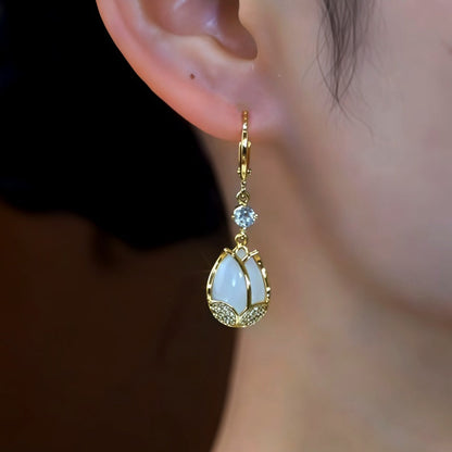 14K Gold-Plated Zircon Diamond Cat's Eye Stone Tulip Earrings