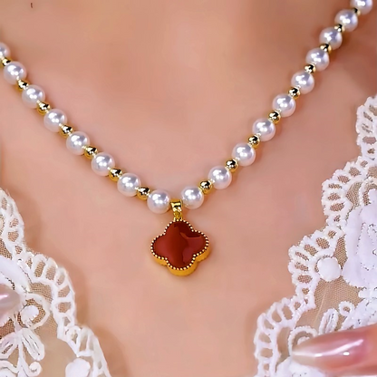 14K Gold-Plated Zircon Diamond Four-Leaf Clover Double-Sided Pearl Necklace
