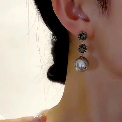 14K Gold-Plated Zircon Diamond Gray Pearl Earrings