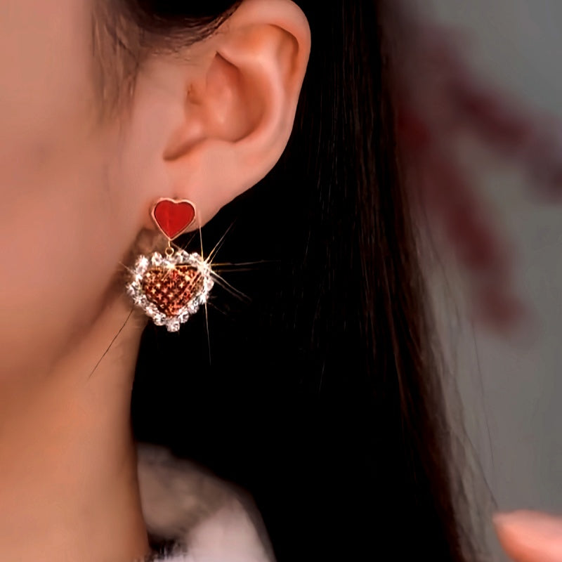 14K Gold-Plated Zircon Diamond Heart Earrings