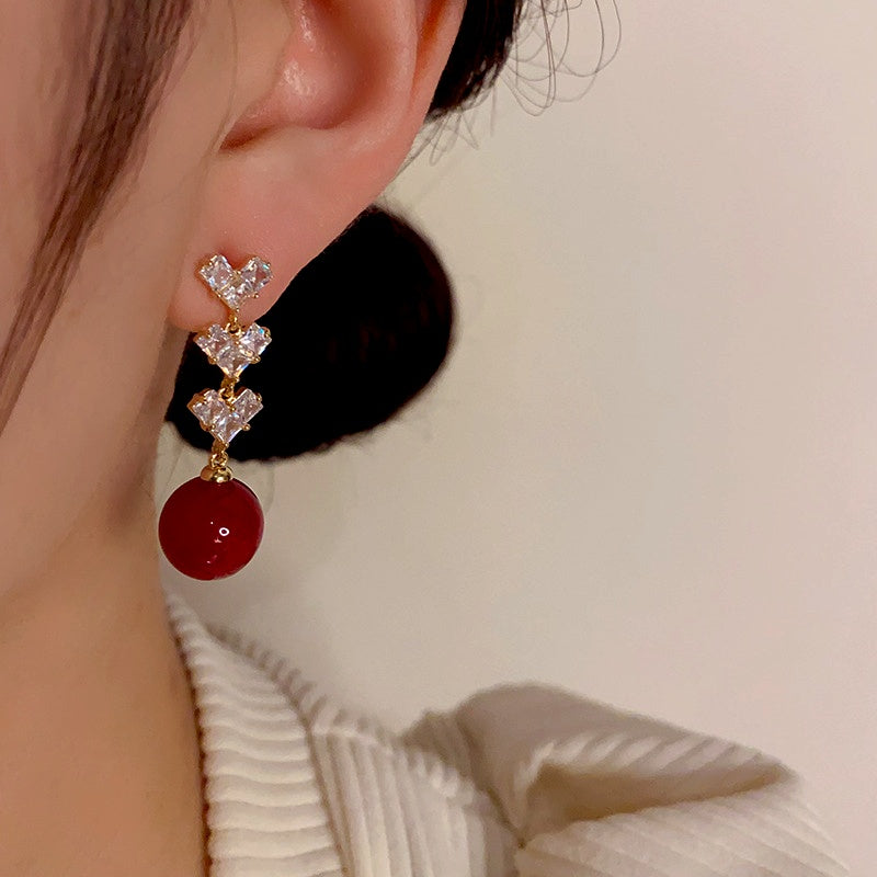 14K Gold-Plated Zircon Diamond Heart Pearl Tassel Earrings