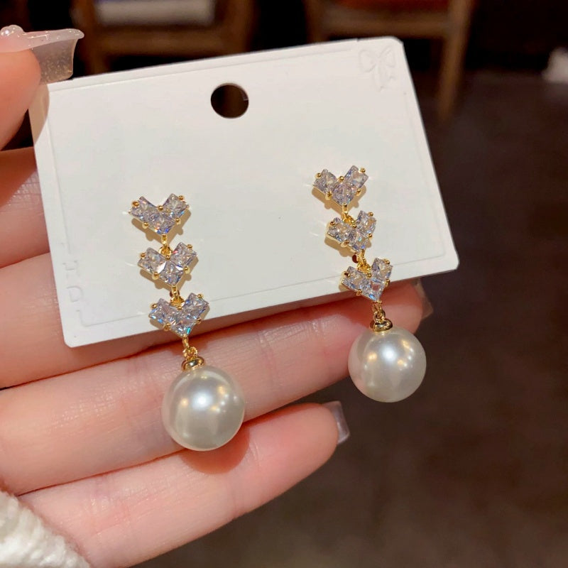 14K Gold-Plated Zircon Diamond Heart Pearl Tassel Earrings