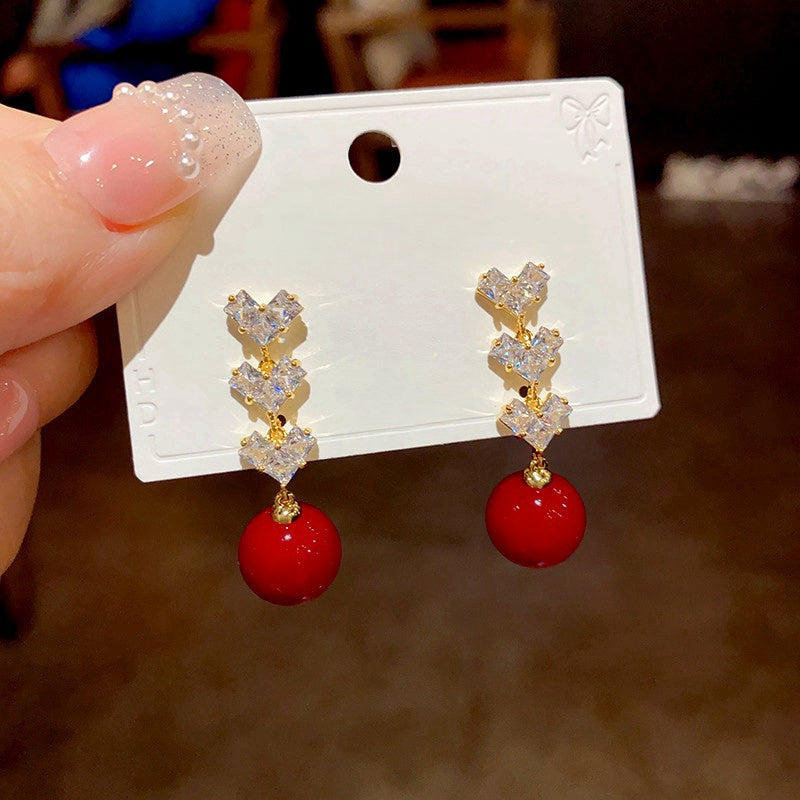 14K Gold-Plated Zircon Diamond Heart Pearl Tassel Earrings