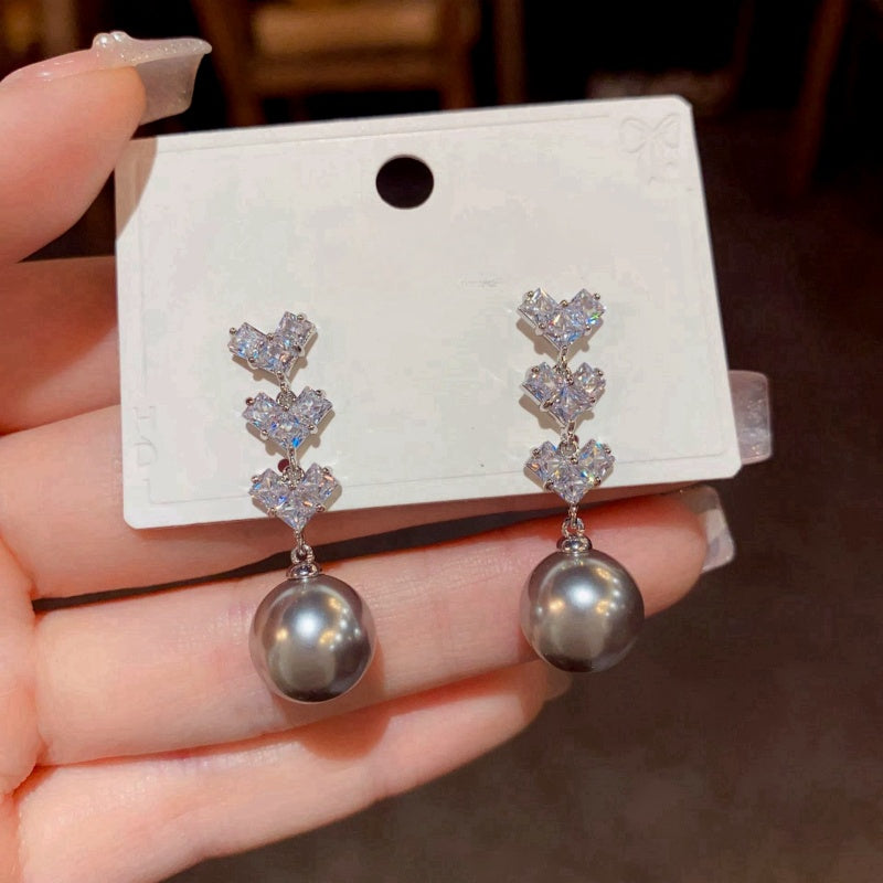 14K Gold-Plated Zircon Diamond Heart Pearl Tassel Earrings