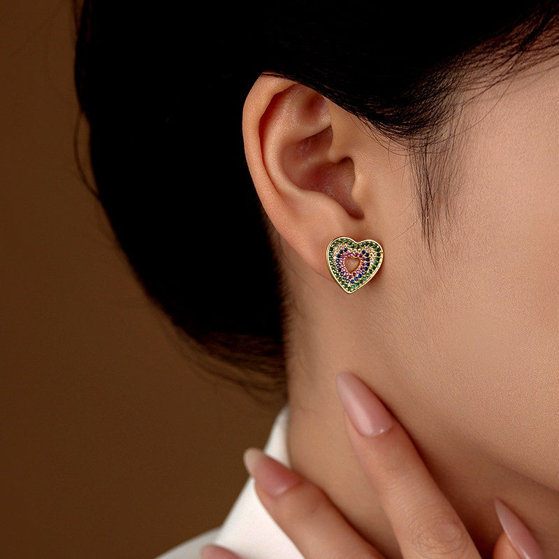 14K Gold-Plated Zircon Diamond Heart Stud Earrings