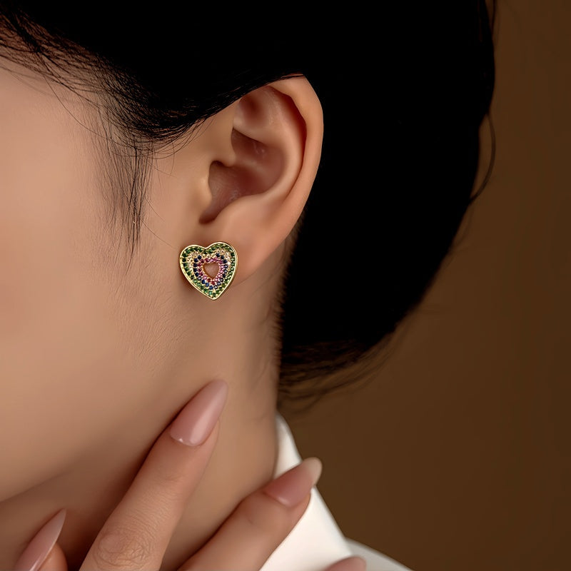 14K Gold-Plated Zircon Diamond Heart Stud Earrings