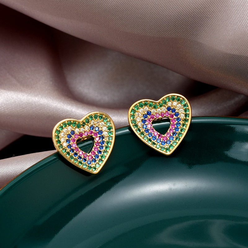 14K Gold-Plated Zircon Diamond Heart Stud Earrings