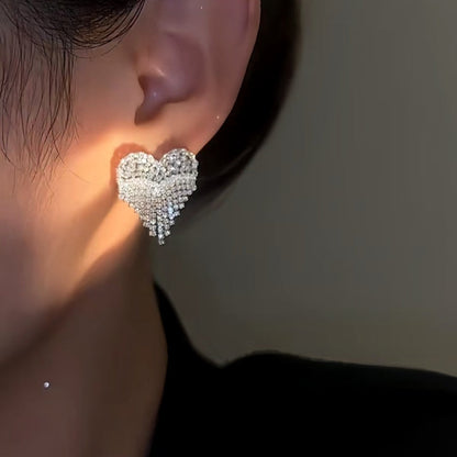 14K Gold-Plated Zircon Diamond Heart Tassel Earrings