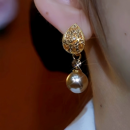 14K Gold-Plated Zircon Diamond Leaf Pearl Earrings