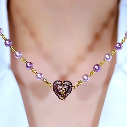14K Gold-Plated Zircon Diamond Magnetic Heart Pearl Necklace
