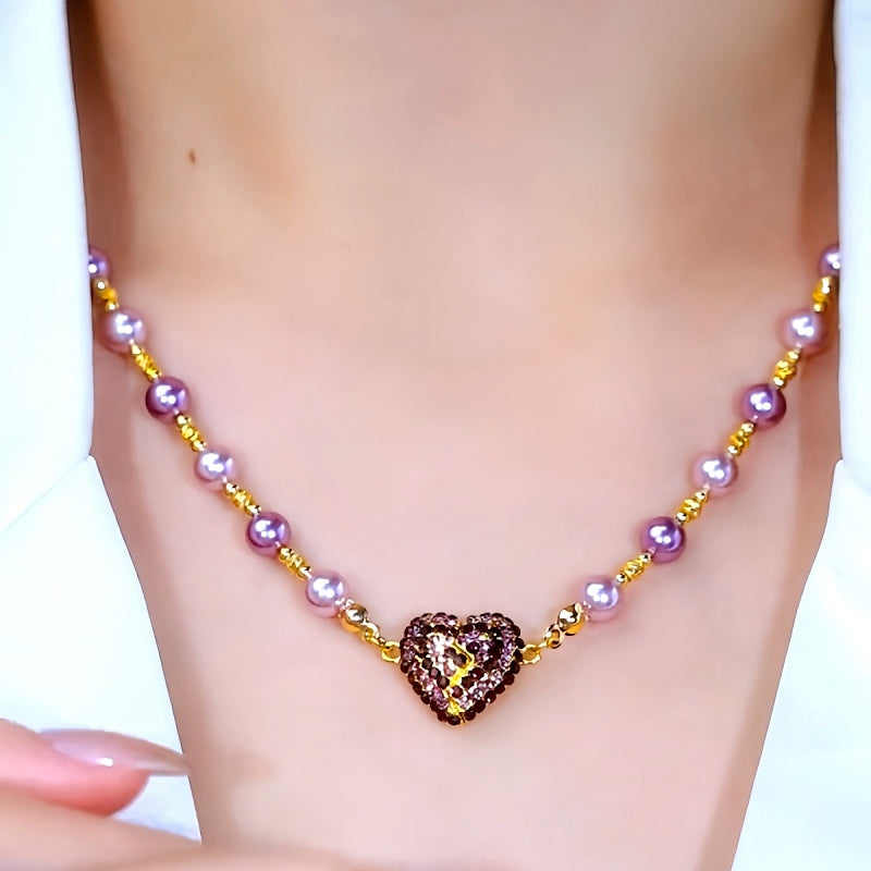 14K Gold-Plated Zircon Diamond Magnetic Heart Pearl Necklace