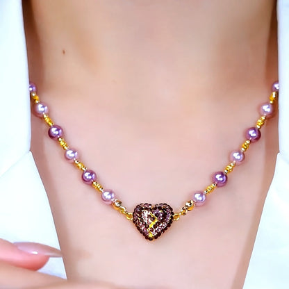 14K Gold-Plated Zircon Diamond Magnetic Heart Pearl Necklace