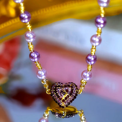 14K Gold-Plated Zircon Diamond Magnetic Heart Pearl Necklace