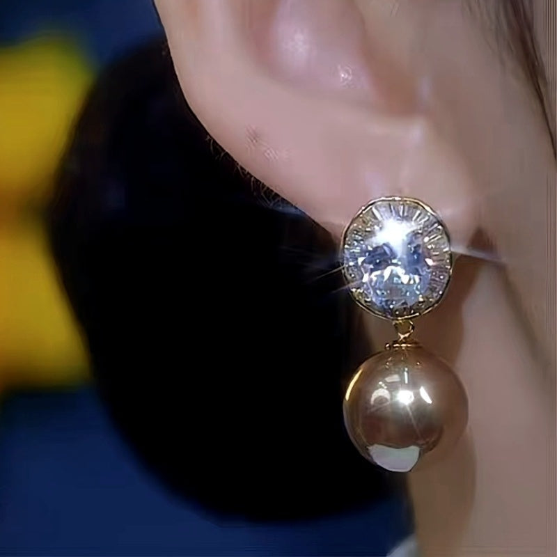 14K Gold-Plated Zircon Diamond Pearl Earrings