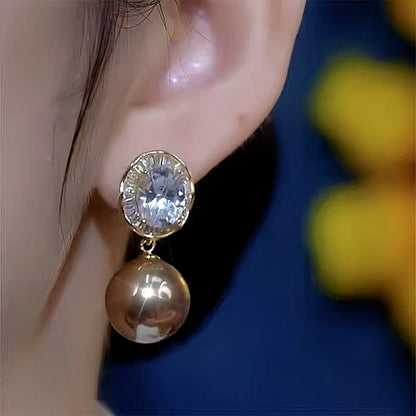 14K Gold-Plated Zircon Diamond Pearl Earrings