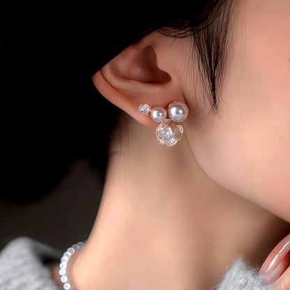 14K Gold-Plated Zircon Diamond Pearl Flower Earrings