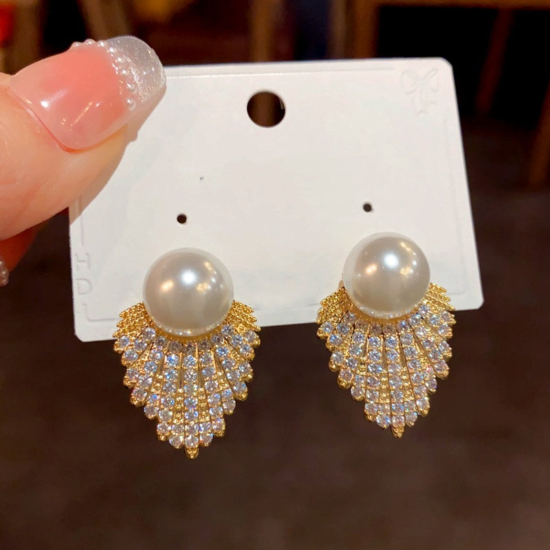 14K Gold-Plated Zircon Diamond Pearl Tassel Earrings