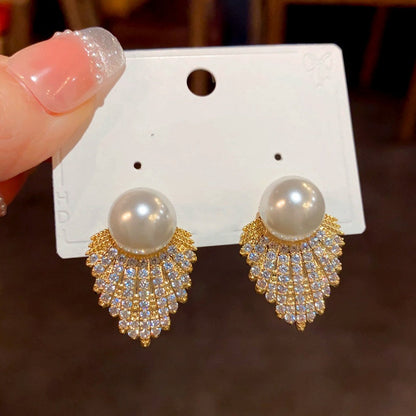 14K Gold-Plated Zircon Diamond Pearl Tassel Earrings