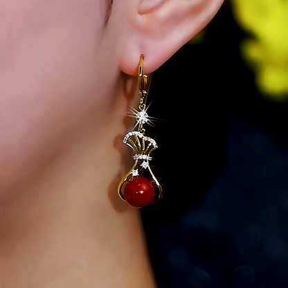 14K Gold-Plated Zircon Diamond Red Lucky Bag Earrings