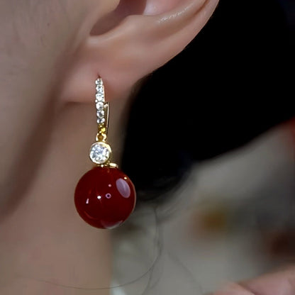 14K Gold-Plated Zircon Diamond Red Pearl Earrings
