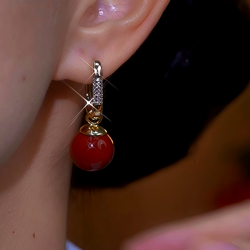 14K Gold-Plated Zircon Diamond Red Pearl Earrings