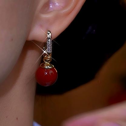 14K Gold-Plated Zircon Diamond Red Pearl Earrings