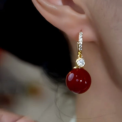 14K Gold-Plated Zircon Diamond Red Pearl Earrings