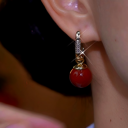 14K Gold-Plated Zircon Diamond Red Pearl Earrings