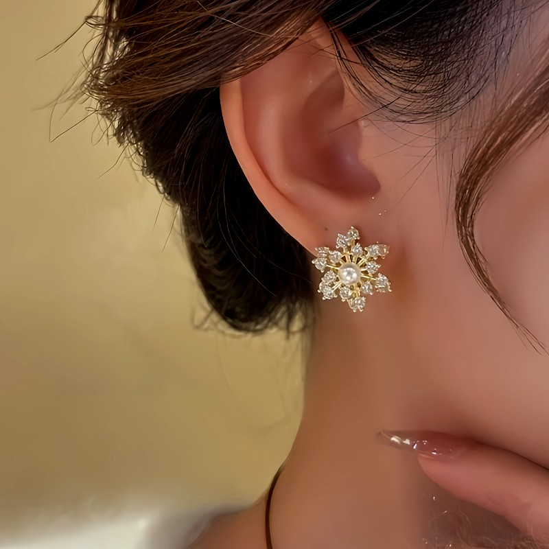 14K Gold-Plated Zircon Diamond Rotating Snowflake Earrings
